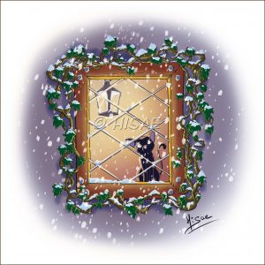 Impression laser d'un dessin numérique représentant un chap à une fenêtre regardant la neige tomber ©Ysae illustrations