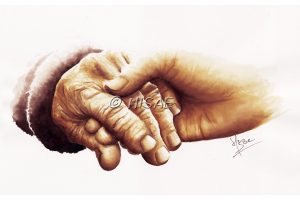 Impression laser format carte postale d'un dessin aux encres ocres réalisé pour Inktober52 2020 représentant une jeune main qui tient une main âgée et ridée ©Ysae illustrations