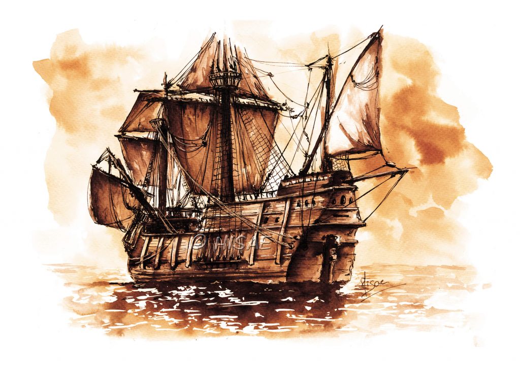 Impression laser d'un dessin original à l'encre jaune, ocre et sépia représentant un galion ©Ysae illustrations