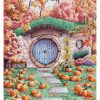 Impression laser format carte postale d'une aquarelle originale représentant la devanture d'une maison de Hobbit dans un paysage automnal avec des citrouilles partout ©Ysae illustrations