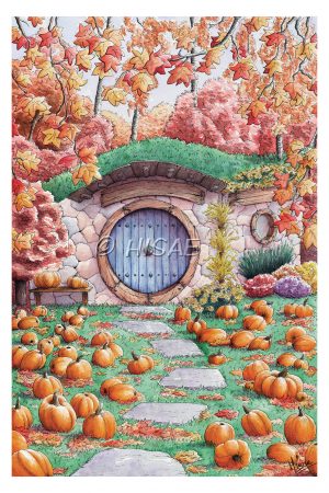 Impression laser format carte postale d'une aquarelle originale représentant la devanture d'une maison de Hobbit dans un paysage automnal avec des citrouilles partout ©Ysae illustrations