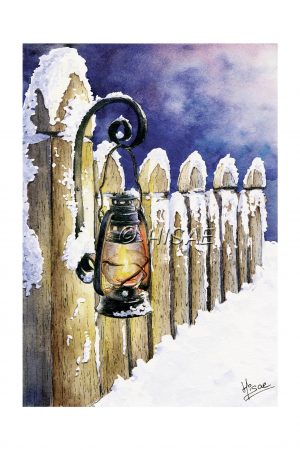 Impression format carte postale d'une aquarelle originale représentant une barrière enneigée sur laquelle est accrochée une lanterne ©Ysae illustrations