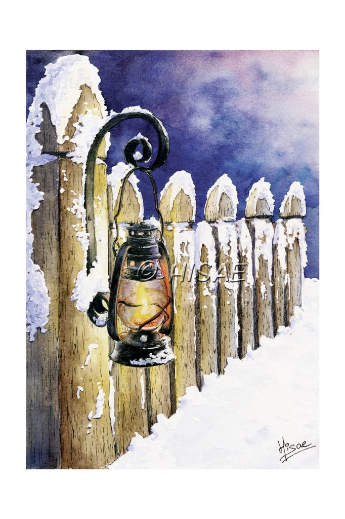 Impression format carte postale d'une aquarelle originale représentant une barrière enneigée sur laquelle est accrochée une lanterne ©Ysae illustrations