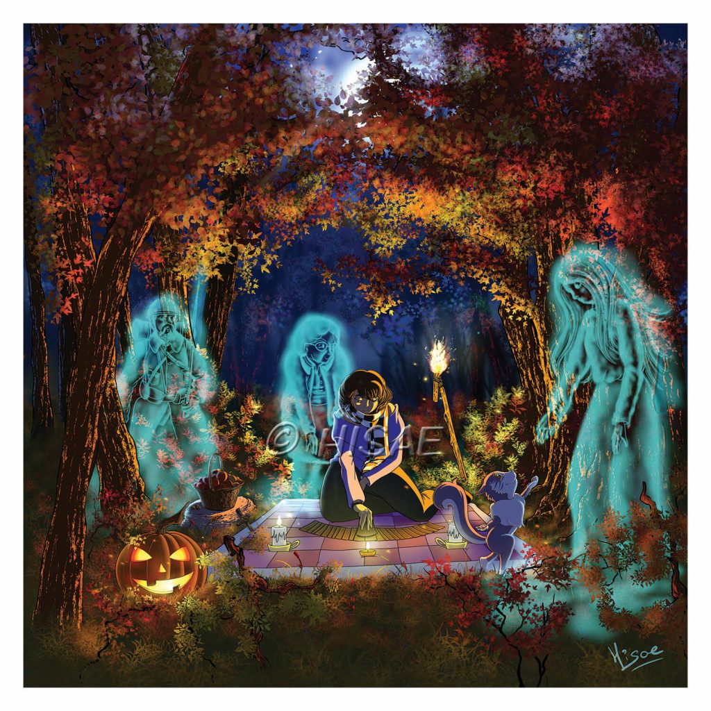 Dessin numérique format carte postale de Samhain la fête païenne et celtique d'automne qui correspond à Halloween représentant une femme dans une forêt qui fait de la divination en tirant les carte près d'une torche, un chat qui accueille les esprits près d'une corbeille de fruits et d'une citrouille façon Jack O' Lantern ©Ysae illustrations