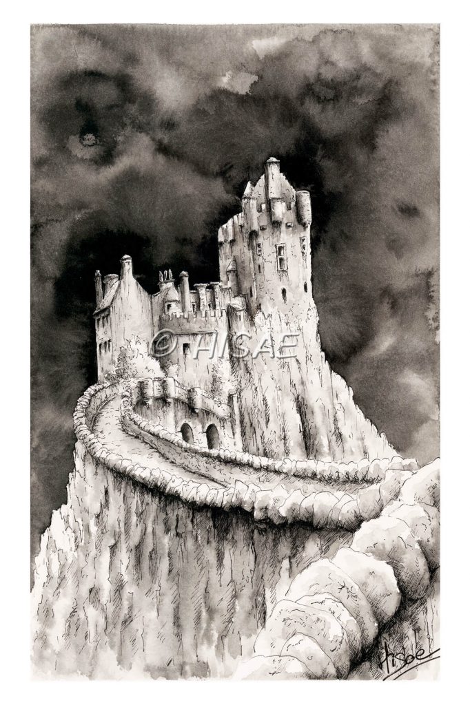 Impression laser format carte postale d'un dessin original à l'encre de Chine représentant le château d'Eilean Donan en Ecosse jonchée sur une falaise ©Ysae illustrations