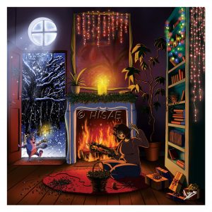 Impression format carte postale d'un dessin numérique de Yule la fête païenne du solstice d'hiver et qui correspond à Noël, représentant une femme fabricant une guirlande de houx et de gui devant un feu où brûle une bûche, avec des paquets cadeaux et un chat qui rentre de l'extérieur où il neige ©Ysae illustrations