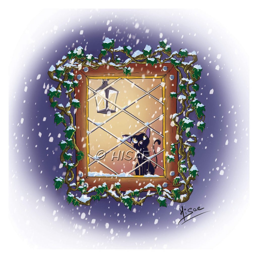 Impression format carte postale d'un dessin numérique représentant un chap à une fenêtre regardant la neige tomber ©Ysae illustrations