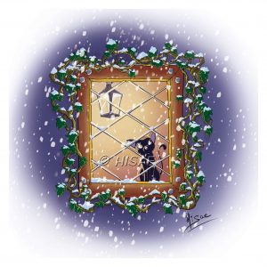 Impression format carte postale d'un dessin numérique représentant un chap à une fenêtre regardant la neige tomber ©Ysae illustrations