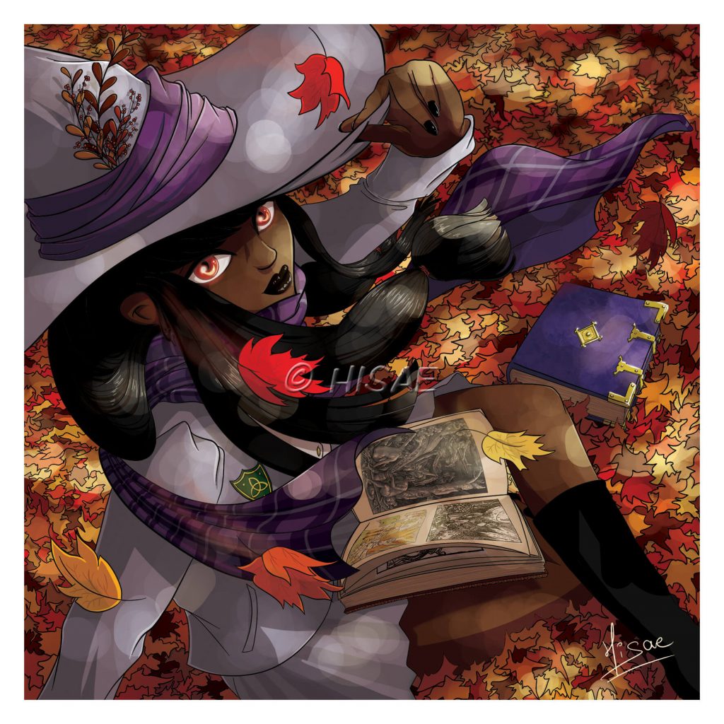 Dessin numérique format carte postale représentant une jeune sorcière noire aux yeux rouges en uniforme d'université, assise dans les feuilles d'automne en train de regarder un livre de gravures anciennes ©Ysae illustrations