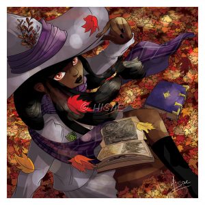 Dessin numérique format carte postale représentant une jeune sorcière noire aux yeux rouges en uniforme d'université, assise dans les feuilles d'automne en train de regarder un livre de gravures anciennes ©Ysae illustrations