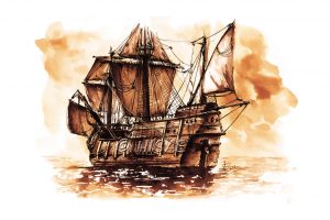 Impression laser format carte postale d'un dessin original à l'encre jaune, ocre et sépia représentant un galion ©Ysae illustrations