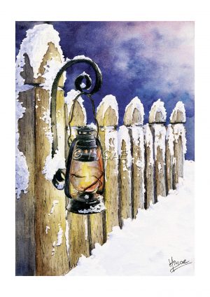 Impression laser d'une aquarelle originale représentant une barrière enneigée sur laquelle est accrochée une lanterne ©Ysae illustrations
