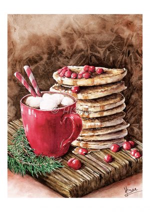Impression laser d'une aquarelle originale sur chevalet représentant une tasse de chocolat chaud avec des marshmallows accompagnée d'une pile de pancakes ©Ysae illustrations