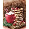 Impression format carte postale d'une aquarelle originale représentant une tasse de chocolat chaud avec des marshmallows accompagnée d'une pile de pancakes ©Ysae illustrations