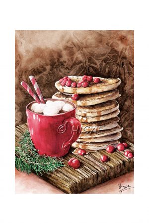 Impression format carte postale d'une aquarelle originale représentant une tasse de chocolat chaud avec des marshmallows accompagnée d'une pile de pancakes ©Ysae illustrations