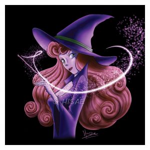 Dessin numérique format carte postale représentant le portrait d'une sorcière, chapeau pointu sur la tête, qui fait un tour de magie ©Ysae illustrations