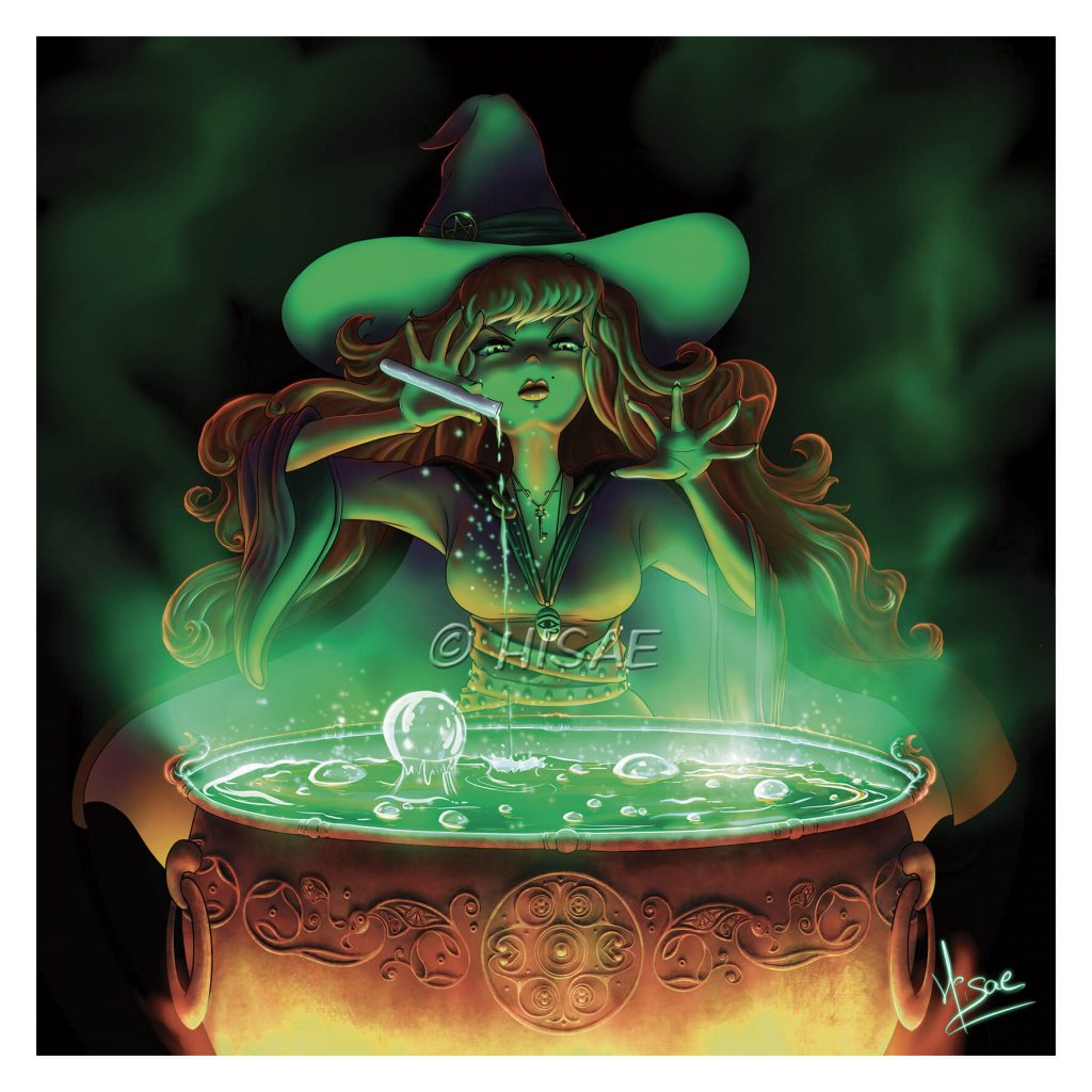 Dessin numérique format carte postale représentant une sorcière versant un liquide dans le contenu vert d'un grand chaudron ©Ysae illustrations