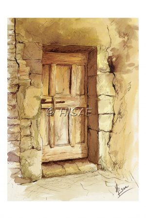 Carte postale de l'œuvre 'Le Seuil', dessin à l'encre représentant l'entrée d'un vieux bâtiment avec une porte en bois, dans des tons ocres et sépia ©Ysae illustrations