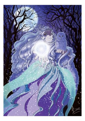 Impression laser d'un dessin numérique représentant la sorcière de l'hiver créant la neige, accompagnée d'une chouette blanche dans la forêt un jour de pleine lune ©Ysae illustrations