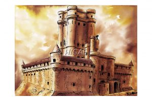 Impression laser format carte postale d'un dessin aux encres ocres représentant le donjon du château de Vincennes ©Ysae illustrations