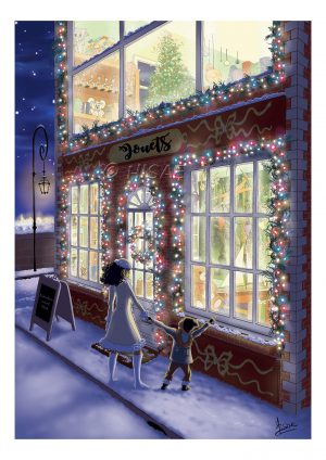 Impression laser d'un dessin numérique représentant une mère et son enfant devant la vitrine allumée d'un magasin de jouets ©Ysae illustrations