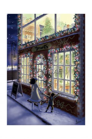 Impression format carte postale d'un dessin numérique représentant une mère et son enfant devant la vitrine allumée d'un magasin de jouets ©Ysae illustrations