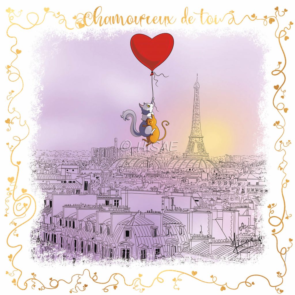 Dessin numérique format carte postale pour la Saint-valentin représentant deux chats amoureux accrochés à un ballon en forme de cœur qui survolent Paris ©Ysae illustrations