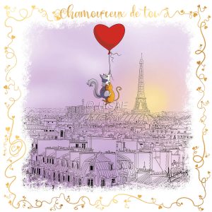 Dessin numérique format carte postale pour la Saint-valentin représentant deux chats amoureux accrochés à un ballon en forme de cœur qui survolent Paris ©Ysae illustrations