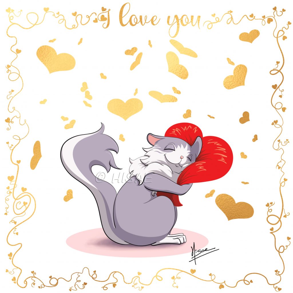 Dessin numérique format carte postale sur l'amour de soi représentant un chat qui enlace un cœur ©Ysae illustrations
