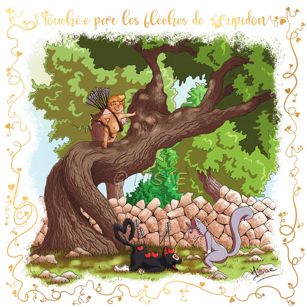 Dessin numérique format carte postale pour la Saint-valentin représentant un chat transpercée de plusieurs flèches d'amour qui a le coup de foudre pour un autre chat pendant que Cupidon regarde la scène depuis le haut d'un olivier ©Ysae illustrations