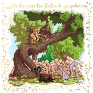 Dessin numérique format carte postale pour la Saint-valentin représentant un chat transpercée de plusieurs flèches d'amour qui a le coup de foudre pour un autre chat pendant que Cupidon regarde la scène depuis le haut d'un olivier ©Ysae illustrations