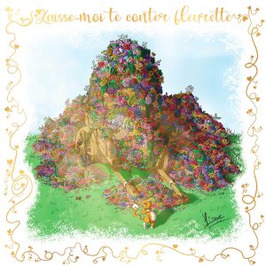 Dessin numérique format carte postale pour la Saint-valentin représentant un chat tout timide devant des charrettes de fleurs ©Ysae illustrations