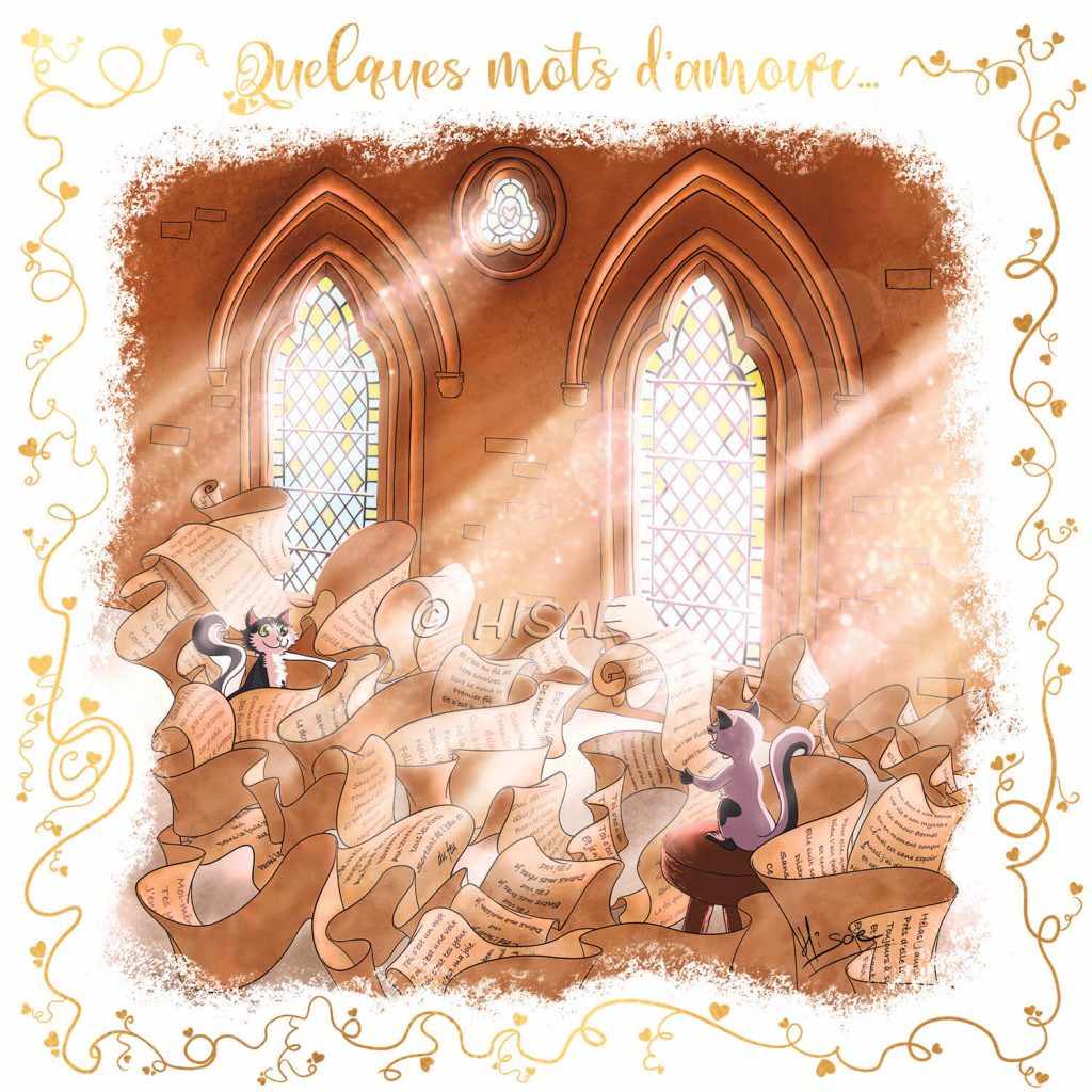 Dessin numérique format carte postale pour la Saint-valentin représentant un chat qui lit des poèmes inscrits sur un parchemin très long à un autre chat dans une chapelle ornée de vitraux lumineux ©Ysae illustrations