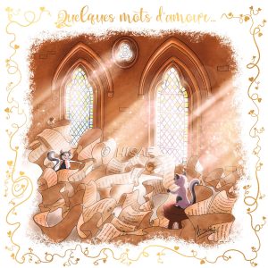 Dessin numérique format carte postale pour la Saint-valentin représentant un chat qui lit des poèmes inscrits sur un parchemin très long à un autre chat dans une chapelle ornée de vitraux lumineux ©Ysae illustrations