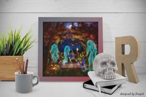 Décoration d'intérieur avec un cadre dans lequel se trouve un dessin représentant une jeune femme tirant les carte dans les bois le soir d'Halloween pendant que son chat accueille les fantômes venus la voir.