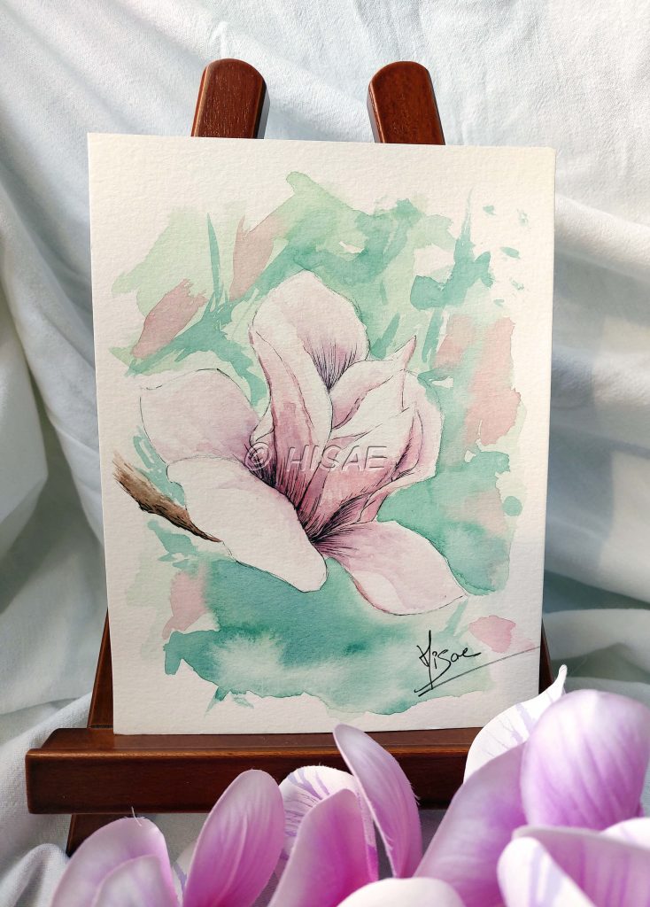Aquarelle originale, présentée sur chevalet, représentant une fleur de cerisier japonais @Ysae illustrations