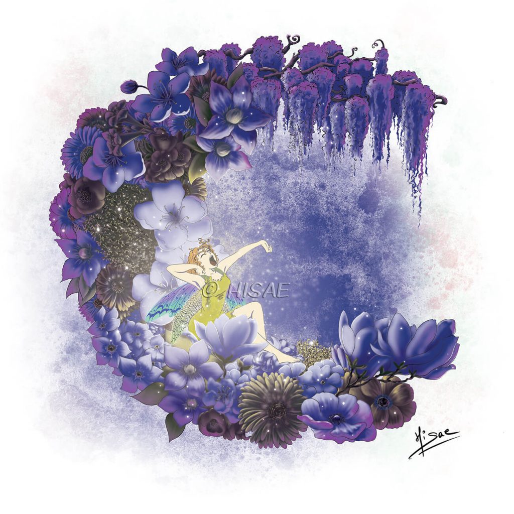 Dessin numérique représentant une fée qui s'éveille, assise sur une lune faite de fleurs de printemps @Ysae illustrations