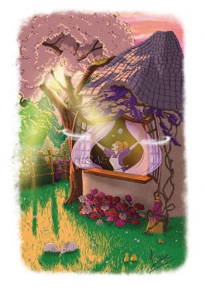 Dessin numérique format carte postale représentant une jeune femme qui ouvre la fenêtre de sa maison à l'aube pour admirer le paysage @Ysae illustrations