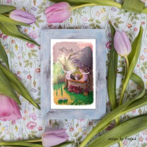 Dessin d'Ostara encadré et entouré de tulipes