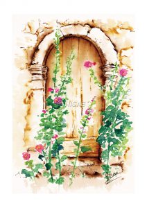 Impression format carte postale d'un dessin original réalisé à l'encre et à l'aquarelle représentant une petite porte cachée derrière des roses trémières @Ysae illustrations