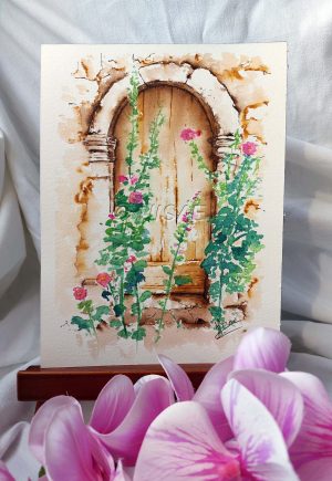 Dessin original réalisé à l'encre et à l'aquarelle, présenté sur chevalet, représentant une petite porte cachée derrière des roses trémières @Ysae illustrations
