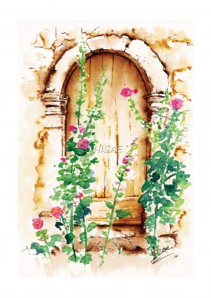 Impression d'un dessin original réalisé à l'encre et à l'aquarelle représentant une petite porte cachée derrière des roses trémières @Ysae illustrations