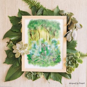 Dessin numérique de la sorcière du printemps encadré et entouré de plantes