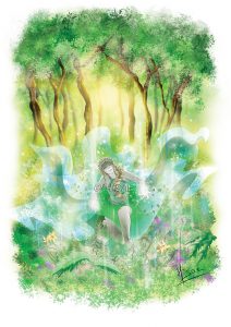 Dessin numérique format carte postale représentant une sorcière agenouillée dans la forêt et qui fait pousser des arbres avec sa magie @Ysae illustrations