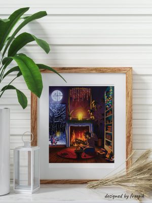 Décoration d'intérieur avec un cadre dans lequel se trouve un dessin représentant une femme qui fabrique une couronne de houx devant un feu pendant que son chat rentre de l'extérieur enneigé.