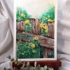 Dessin original réalisé à l'encre et à l'aquarelle, présenté sur chevalet, représentant des roses jaunes grimpant le long d'une barrière en bois @Ysae illustrations