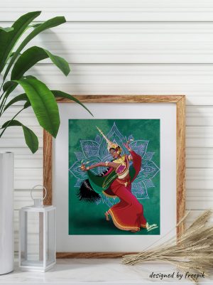 Décoration d'intérieur avec un cadre dans lequel se trouve un dessin représentant une jeune thaïlandaise dansant en tenue traditionnelle devant un mandala