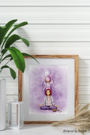 Décoration d'intérieur avec un cadre dans lequel se trouve un dessin représentant une jeune femme en pleine méditation