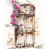 Impression format carte postale d'un dessin original réalisé à l'encre et à l'aquarelle représentant une porte d'une maison abandonnée à côté de laquelle pend des fleurs grimpantes @Ysae illustrations