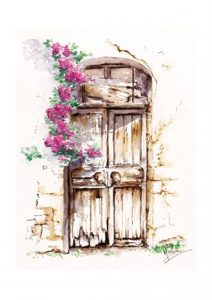 Dessin original réalisé à l'encre et à l'aquarelle représentant une porte d'une maison abandonnée à côté de laquelle pend des fleurs grimpantes @Ysae illustrations